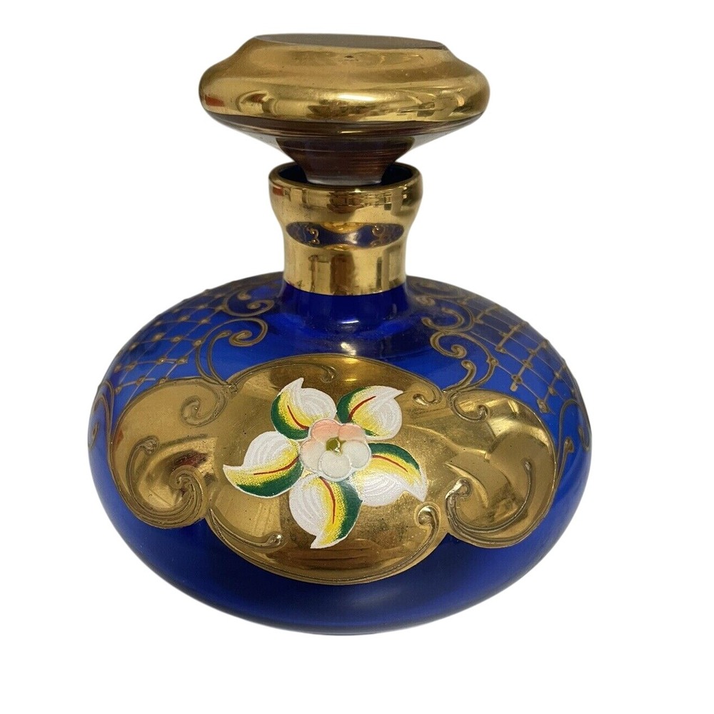 Czech Bohemia Cobalt Blue Glass Gold Gilt‎ Flowers Handpainted Decanter
